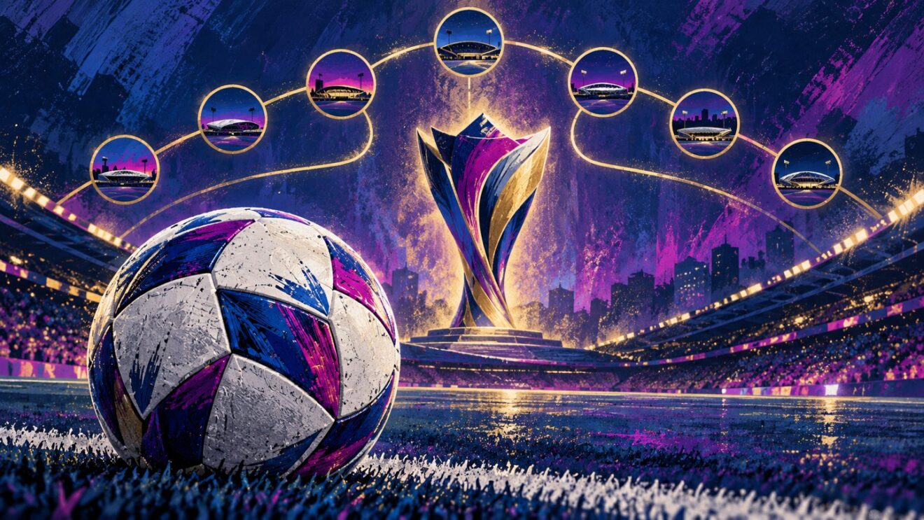 Ilustración editorial generada con IA de un balón de fútbol y una copa abstracta sobre una cancha nocturna, sin futbolistas identificables.