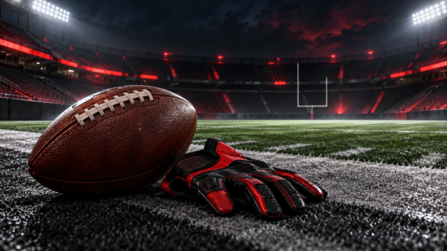 Ilustración de balón y casco de futbol americano para Chiefs-Raiders
