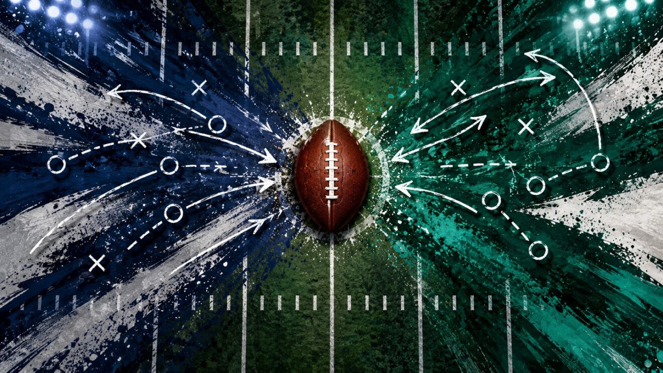 Ilustración conceptual generada con IA de un balón de fútbol americano entre trazos azul marino y verde, con diagramas de jugadas.