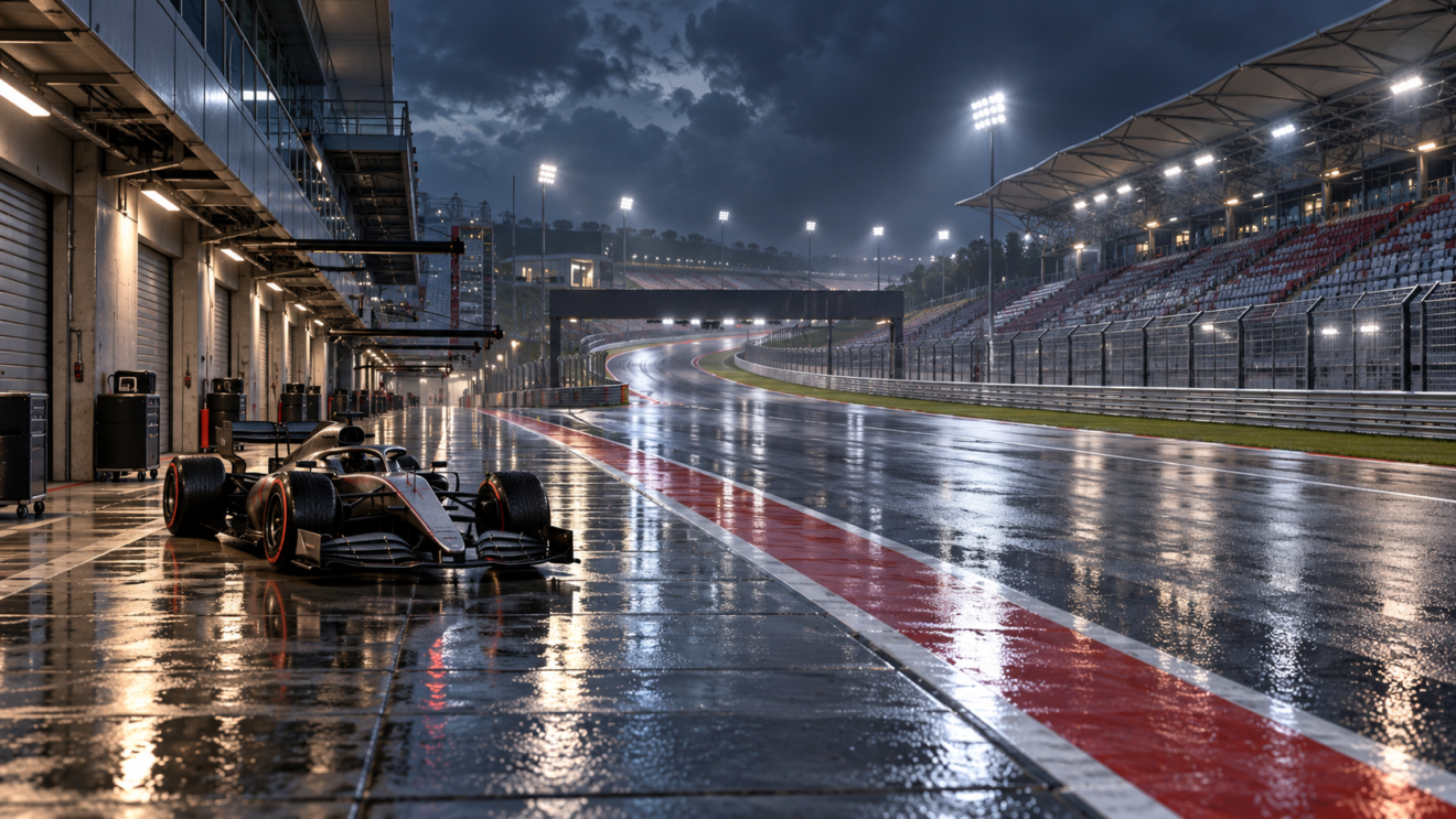 Ilustración de un monoplaza cruzando una pista mojada en Sepang