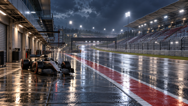 Ilustración de un monoplaza cruzando una pista mojada en Sepang