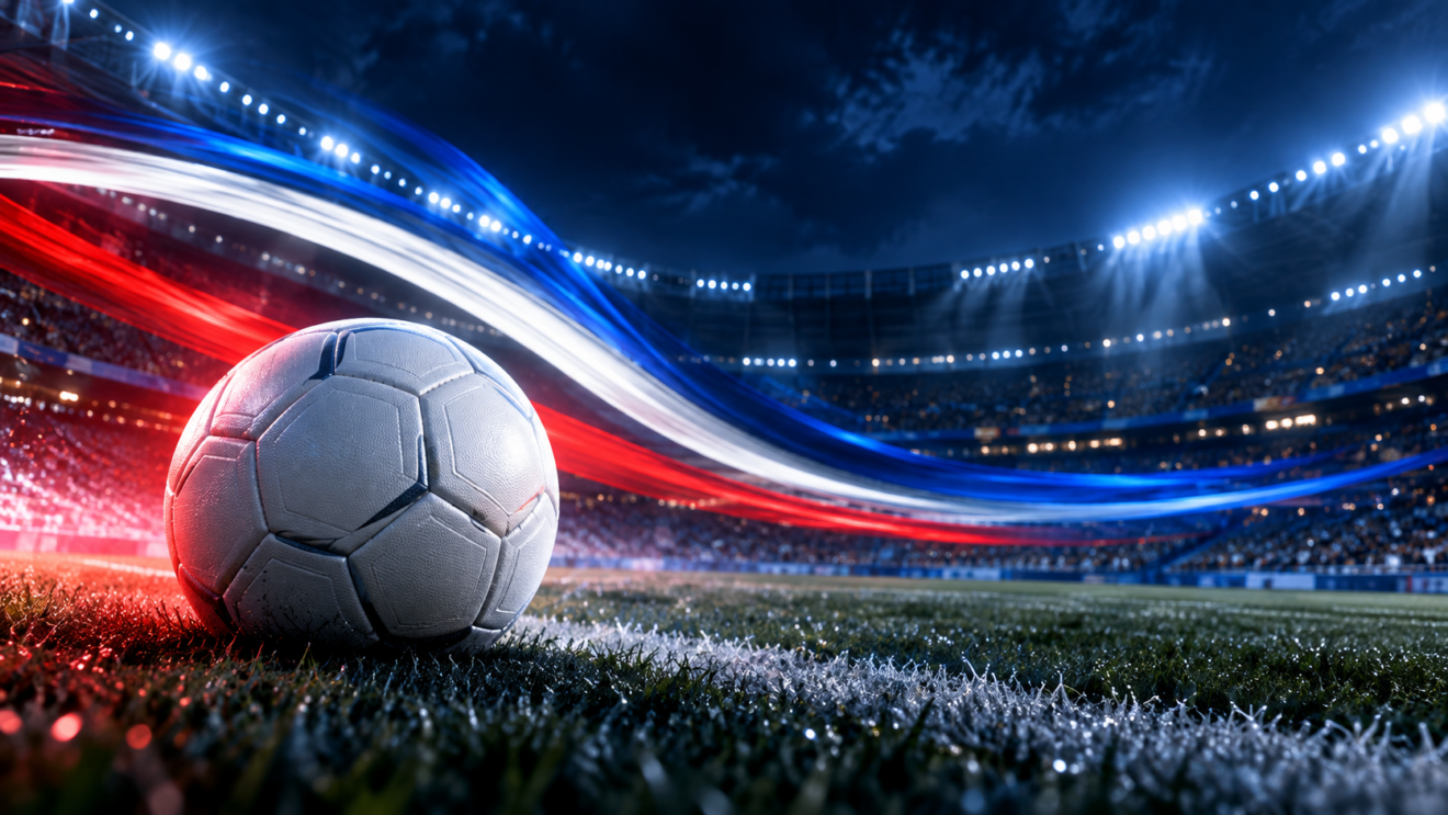 Ilustración editorial de un balón de futbol en un estadio con luces azules, blancas y rojas; imagen generada con IA.