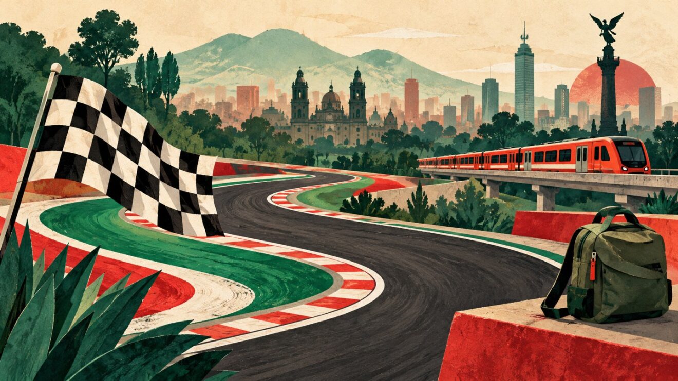 Ilustración conceptual generada con IA de un circuito imaginario, una bandera a cuadros y símbolos de transporte urbano con colores mexicanos.