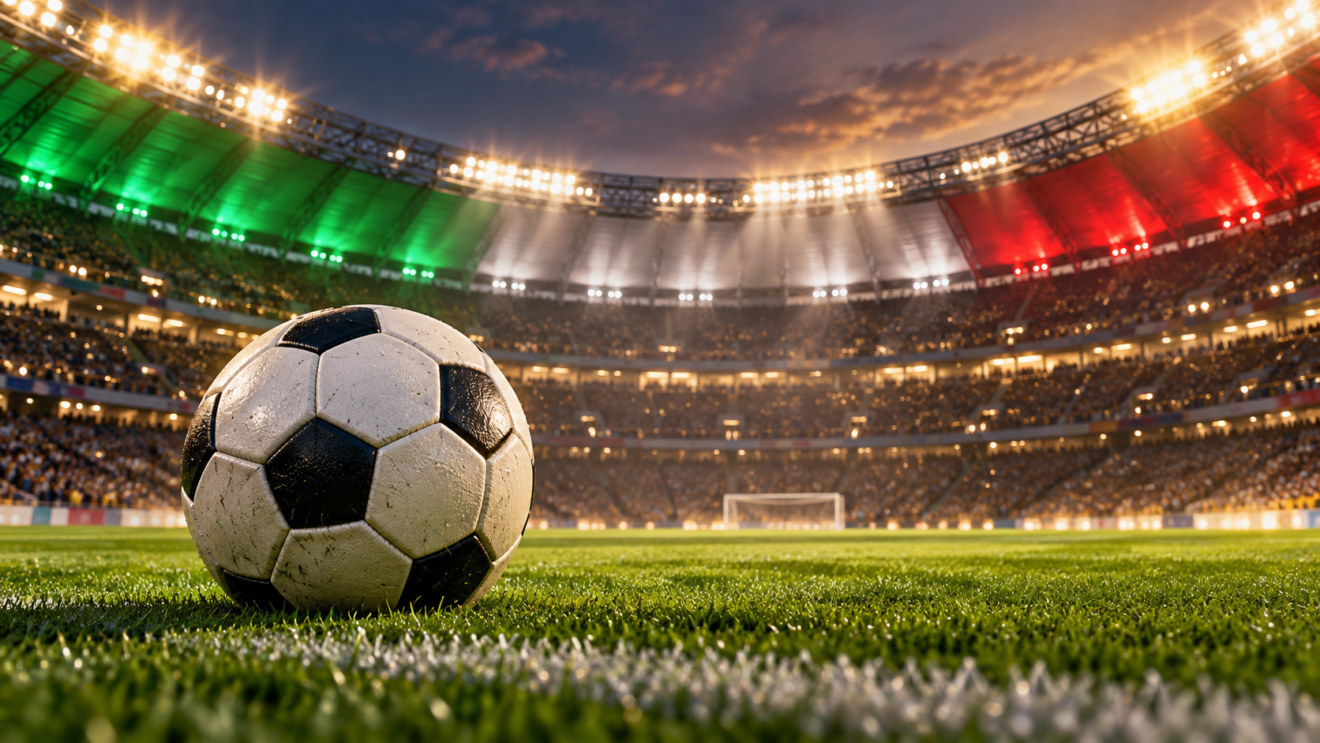 Ilustración editorial de un balón de futbol con iluminación verde, blanca y roja en un estadio; imagen generada con IA.