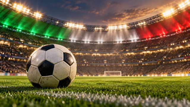 Ilustración editorial de un balón de futbol con iluminación verde, blanca y roja en un estadio; imagen generada con IA.