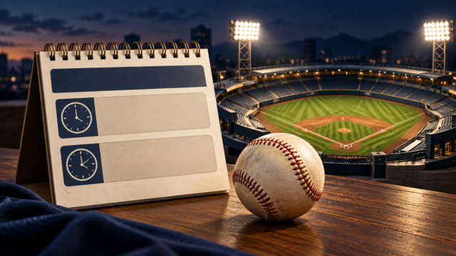Ilustración editorial de una pelota de béisbol con calendario y relojes sin datos; generada con IA.