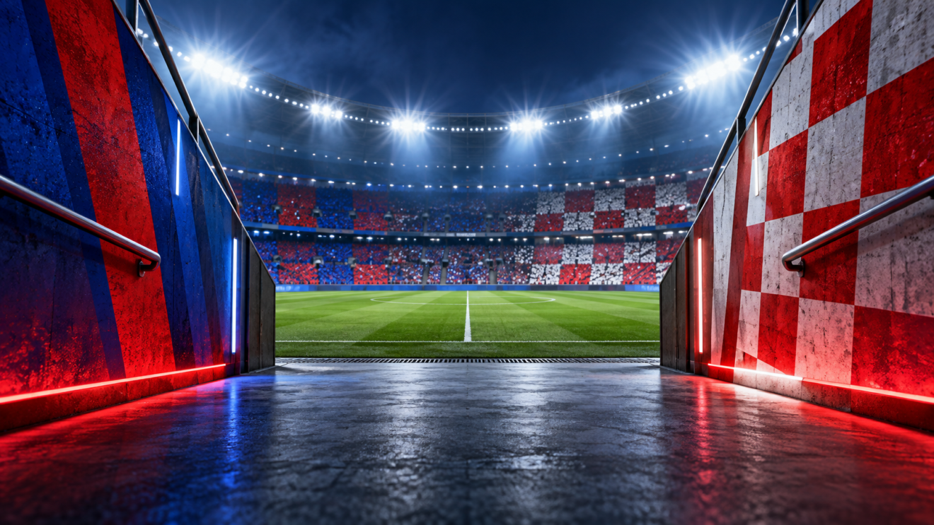 Ilustración editorial de la entrada a un estadio, con paredes azules y rojas y gradas iluminadas; imagen generada con IA.