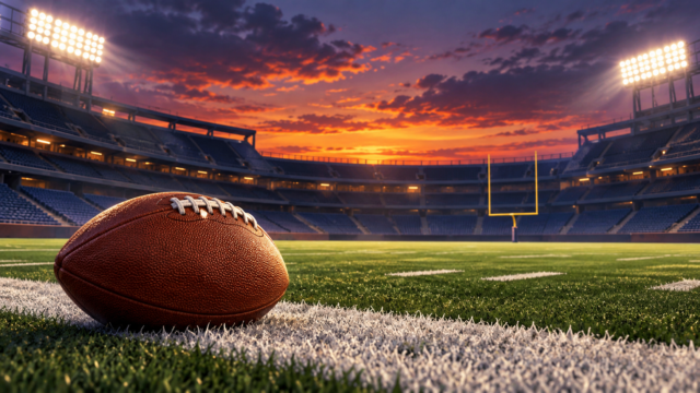 Ilustración de un balón y casco de futbol americano para Patriots-Bills