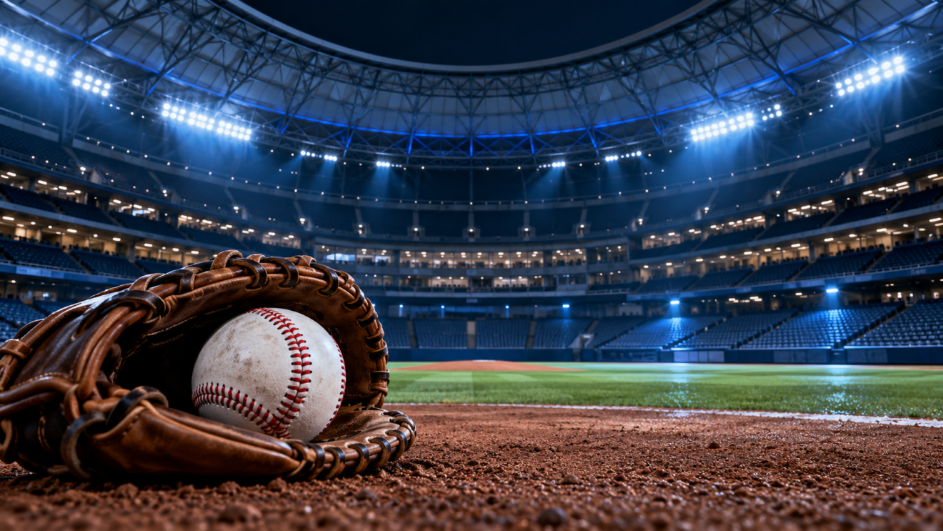 Ilustración editorial de una pelota y un guante de béisbol en un estadio; generada con IA.