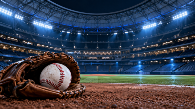 Ilustración editorial de una pelota y un guante de béisbol en un estadio; generada con IA.
