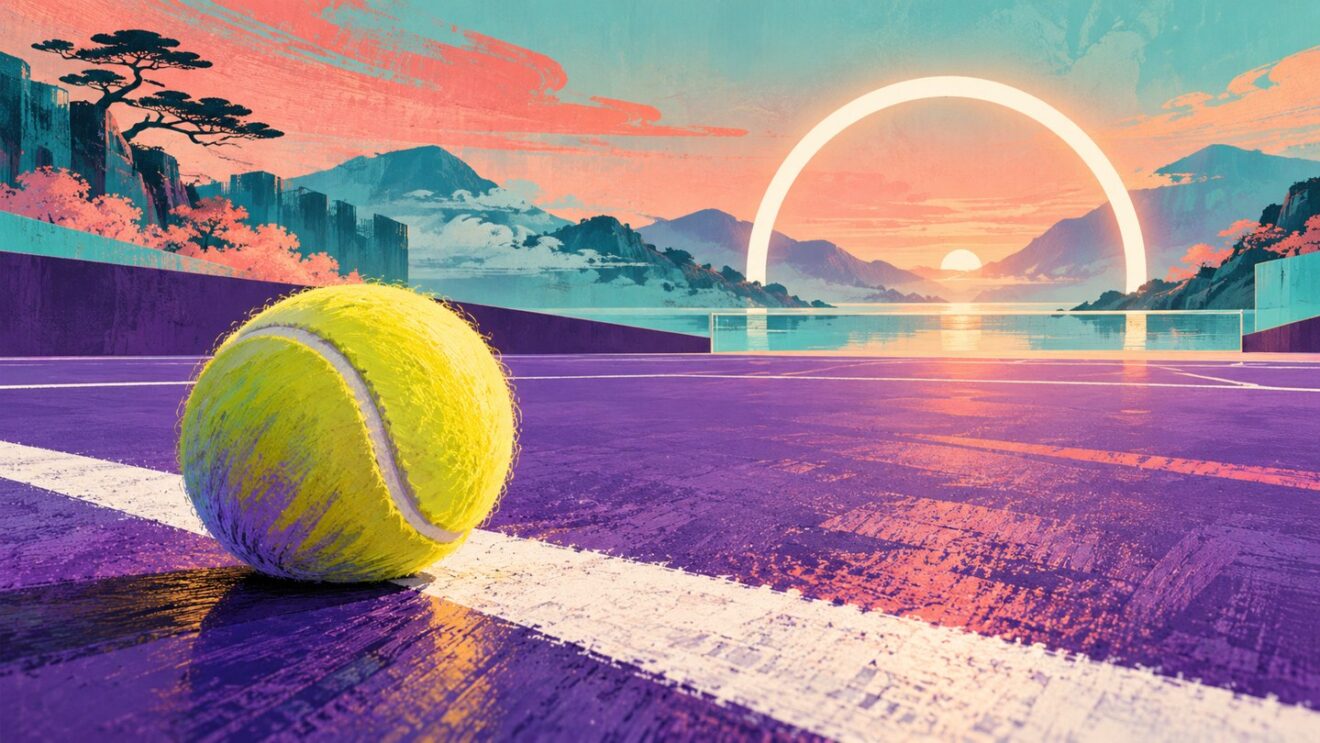 Ilustración conceptual generada con IA de una pelota de tenis sobre una pista violeta y una meta luminosa, con detalles urbanos japoneses abstractos.