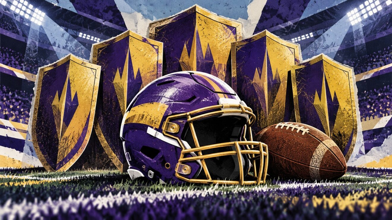 Ilustración conceptual generada con IA de un casco morado y dorado junto a un balón, con escudos abstractos al fondo.