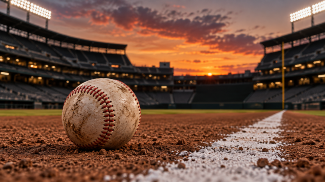 Ilustración editorial de una pelota de béisbol junto a una línea del diamante al atardecer; imagen generada con IA.