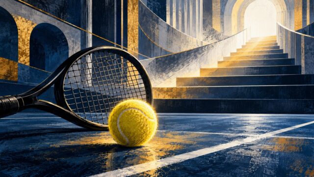 Ilustración conceptual generada con IA de una pelota y una raqueta frente a una escalera ascendente sobre una cancha cubierta.